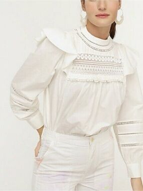 J. Crew White Lace-Yoke Ruffle Shoulder Blouse NWT